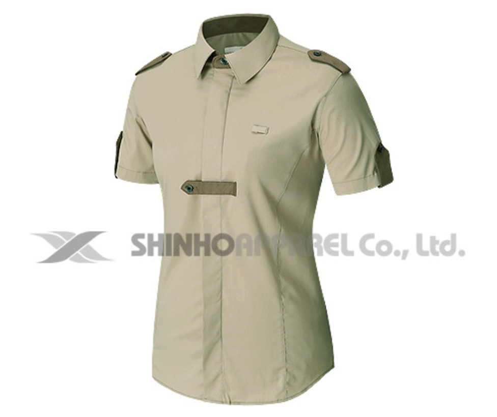 SHN-0258 베이지/브라운 견장 타이배색 스판 남방 셔츠
